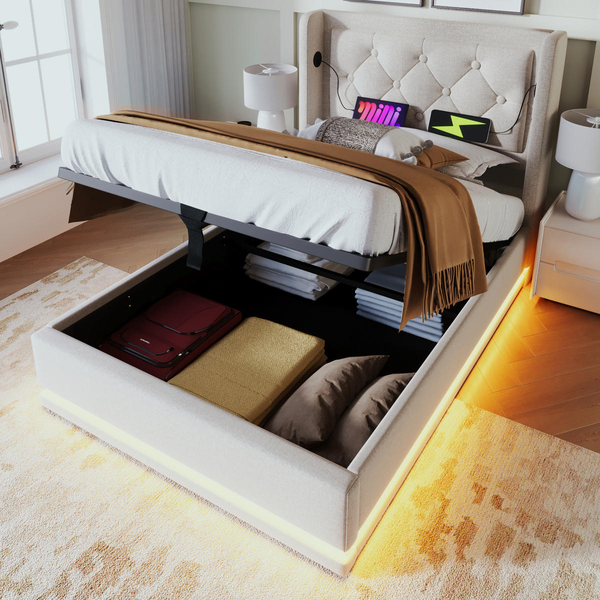 POLSTERBETT 90/200 cm Beige mit Stauraum, LED-Beleuchtung und USB-/Type-C-Anschlüssen - Beige, Textil (90/200cm) - Flora Grace