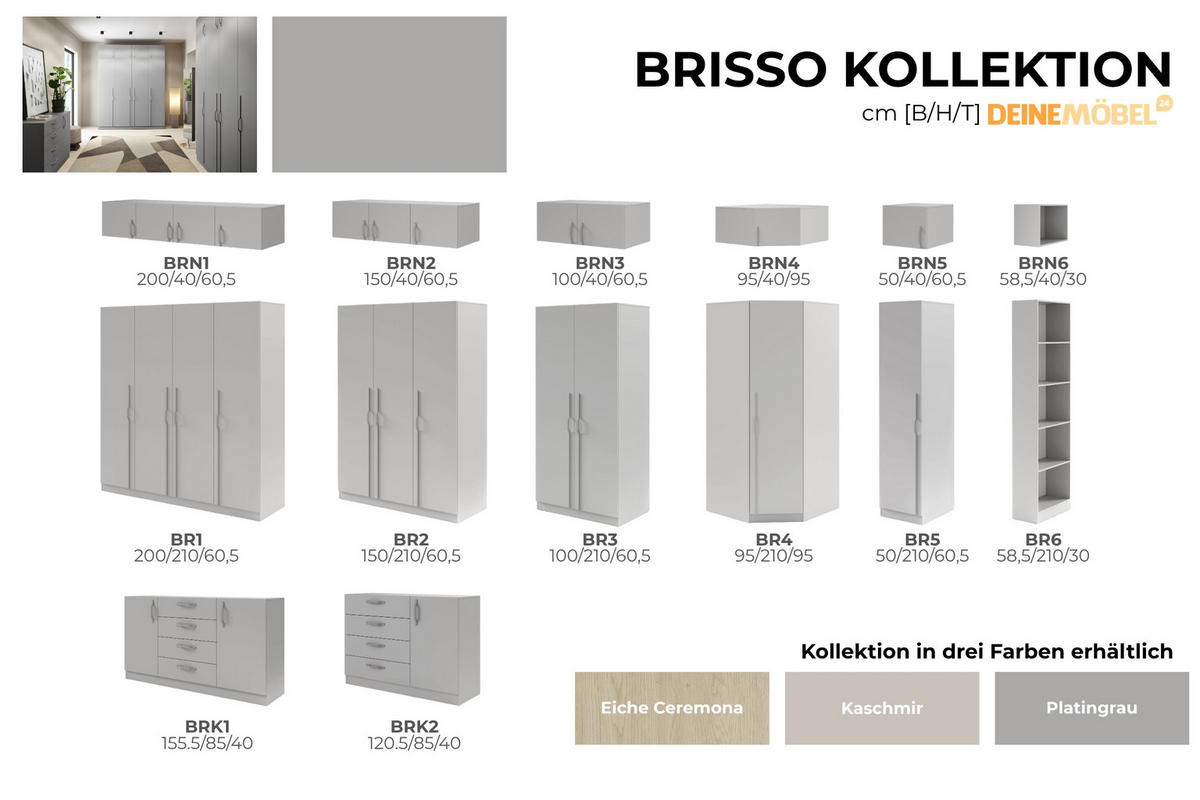 DREHTÜRENSCHRANK BRISSO BR1 200/210/60,5 cm in Platingrau mit Metallgriffen und Schubladen - Grau, Holzwerkstoff/Metall (200/210/61cm) - Deine Möbel 24
