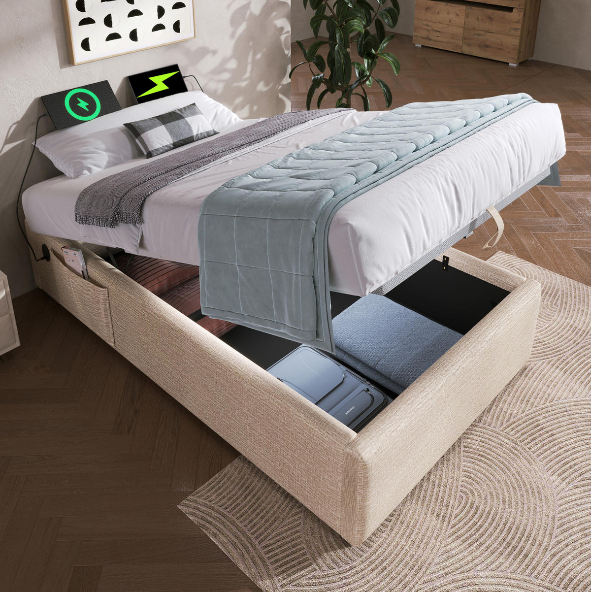 OBLAZINJENA postelja 90/190 cm z USB in USB-C priključkom ter hidravličnim prostorom za shranjevanje, Bež/naravna - bež, tekstil (90/190cm) - Redom