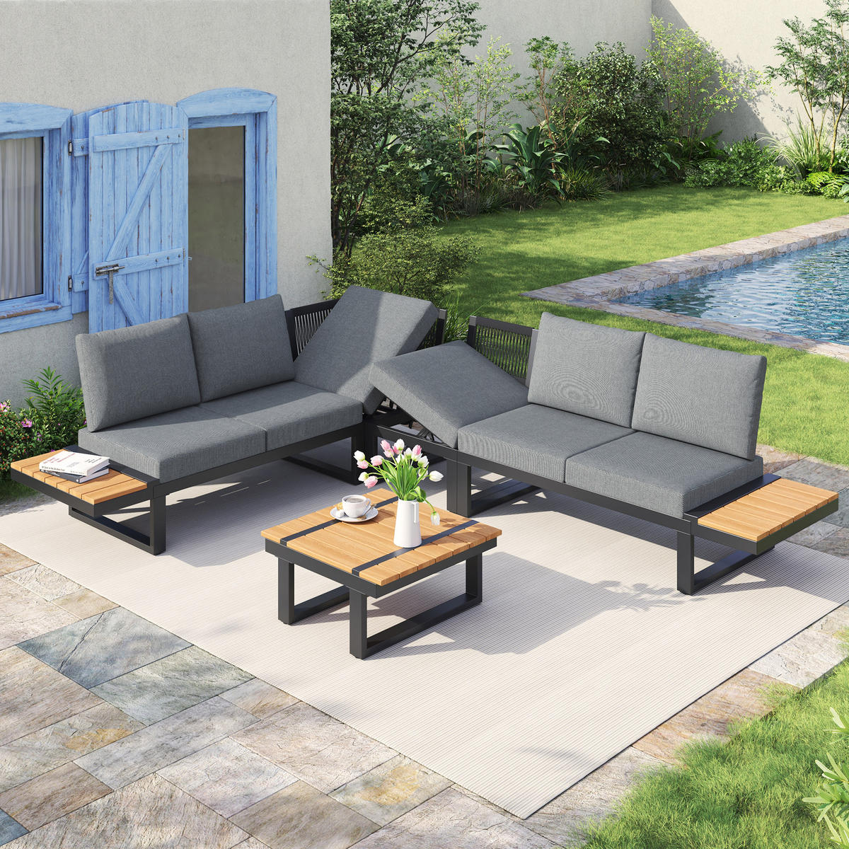 GARTENMÖBEL-SET 279/218/72 cm grau aus Stahl und Polyester mit Ablagen und verstellbarer Liegefunktion - Braun, Metall - OKWISH