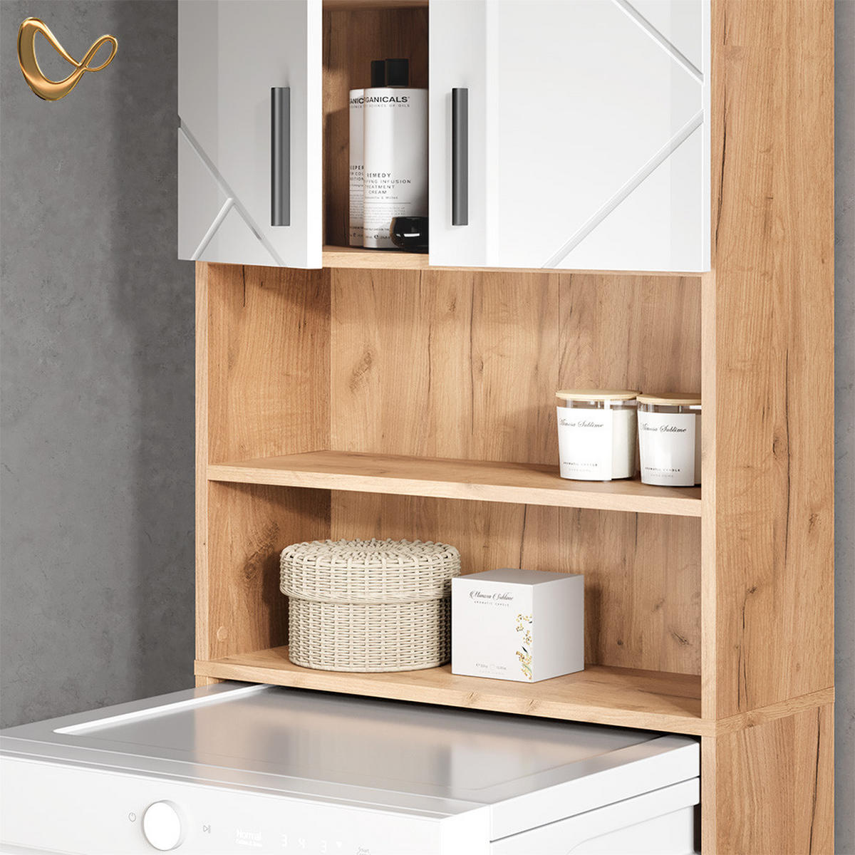 WASCHMASCHINENSCHRANK Ronco Weiß Hochglanz/Goldkraft Eiche 64 x 190.5 cm - Weiß Hochglanz/Eiche Wotan, Holzwerkstoff (64/190.5/26cm) - Livinity®