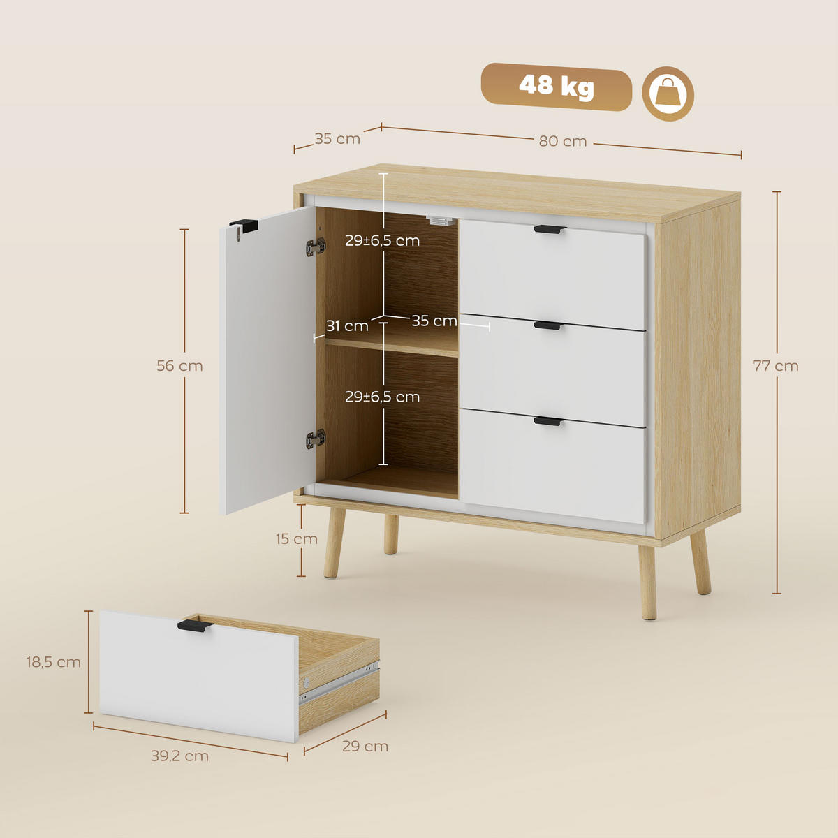 SIDEBOARD Weiß und Eiche-Nachbildung, 2 Türen, 3 Schubladen, 80/35/77 cm - Weiß Hochglanz, Holz (80/77/35cm) - PANGIVO