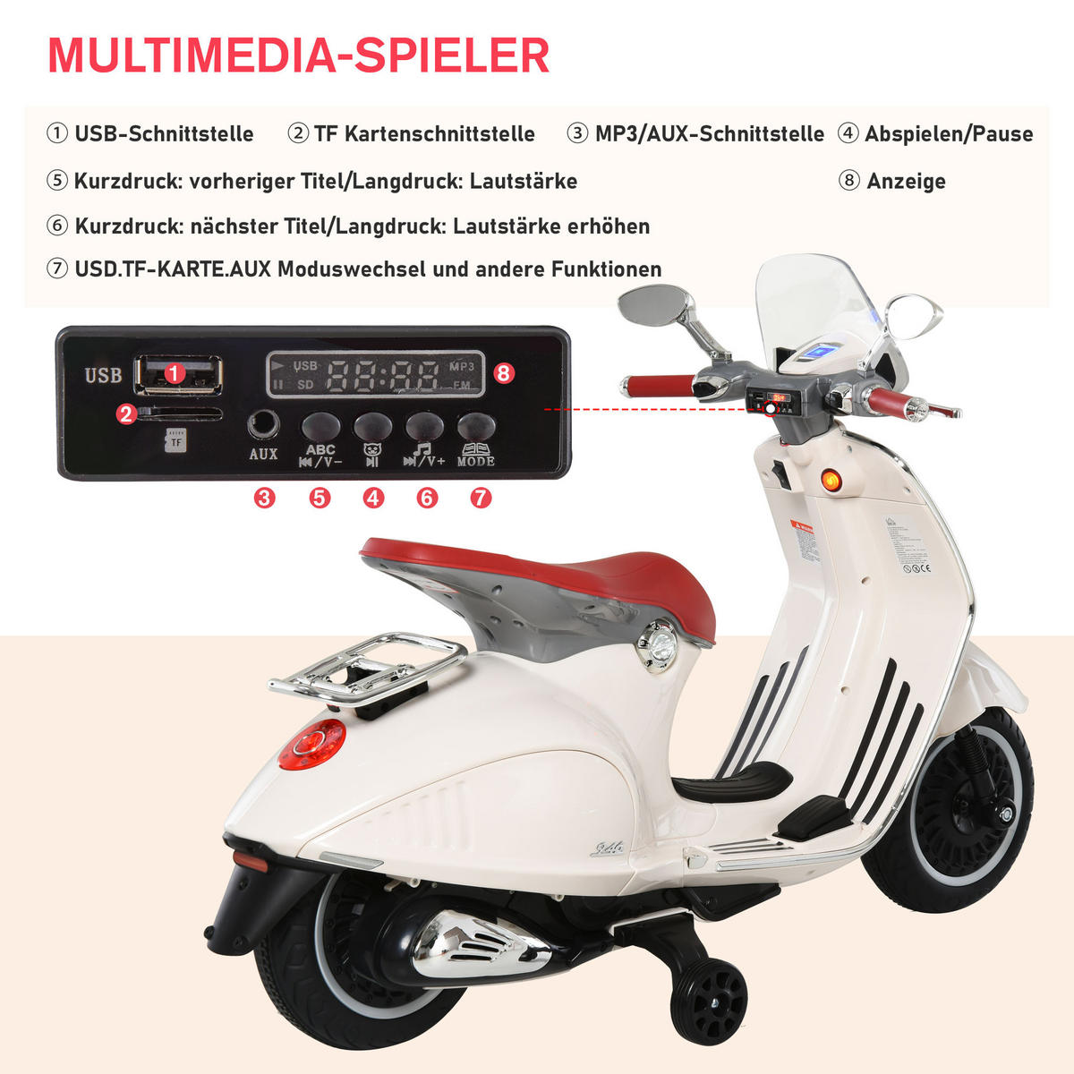 ELEKTRO KINDERMOTORRAD, Rot/Weiß, PP+ Stahl - Weiß, Kunststoff (108/49/75cm) - HOMCOM