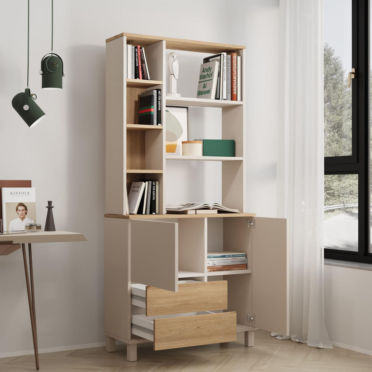 BÜCHERREGAL mit 2 Türen, 2 Schubladen, Dekor Kaschmir und Eiche, 35/187,8/85,2 cm - Beige, Holzwerkstoff (35/187.8/18cm) - Calicosy