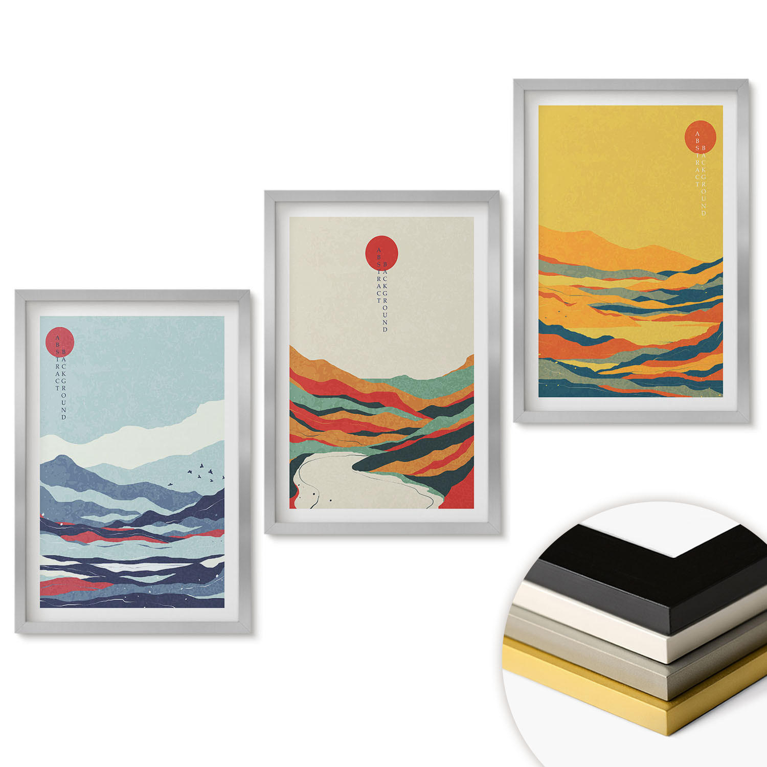WANDBILDER 3er Set - 40x60 cm Silberner Rahmen - Abstraktion von farbenfrohen Bergen und Flüssen - Silberfarben, Kunststoff (40/60cm) - ArtPrintCave