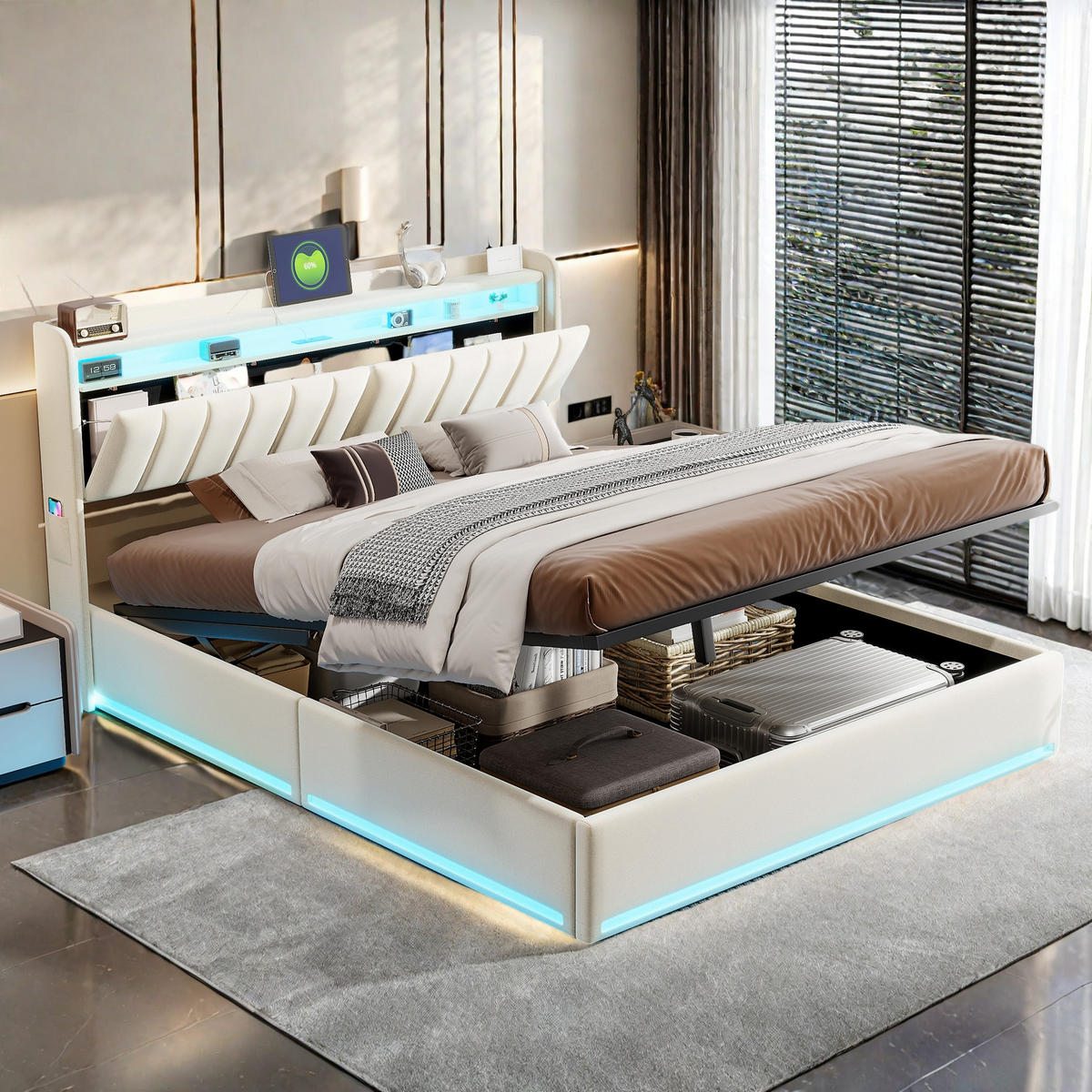 ČALOUNĚNÁ postel 160x200 cm béžová sametová LED USB Type-C bed box - béžová, dřevo (160/190cm) - SHOPENTRA