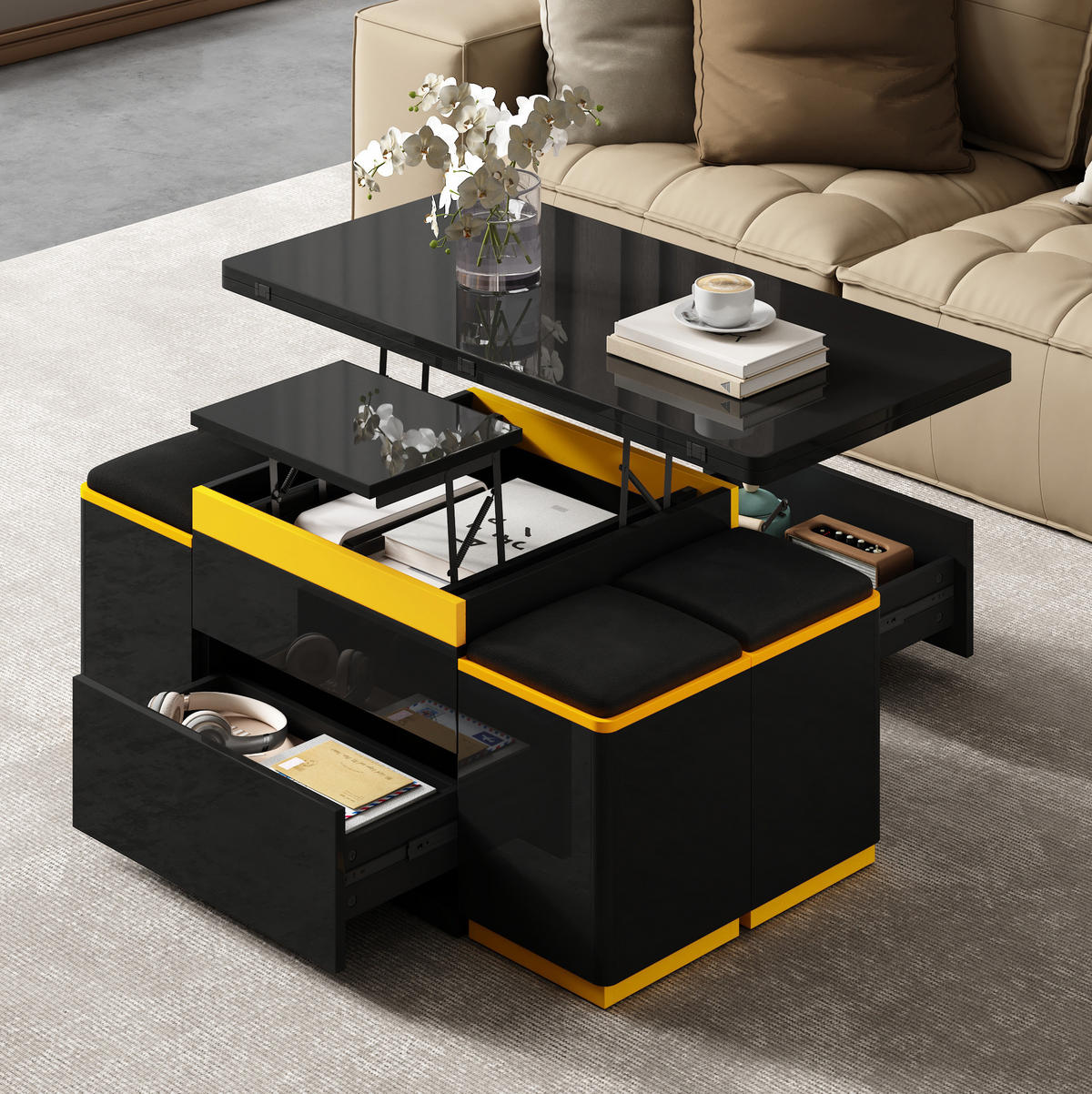 COUCHTISCH 100/50/43 cm höhenverstellbar und klappbar aus MDF und Holzwerkstoff mit Stauraum und 4 Hockern, Schwarz/Gelb - Schwarz, Holzwerkstoff (100/50/43cm) - Modfu