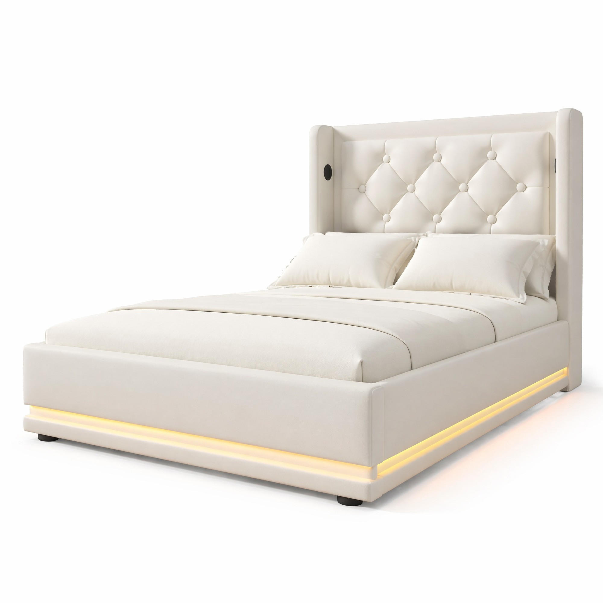 POLSTERBETT 90/200 cm in Weiß PU mit Bettkasten, LED, USB und Matratze - Weiß, Holzwerkstoff/Textil (90/200cm) - CHICFURN