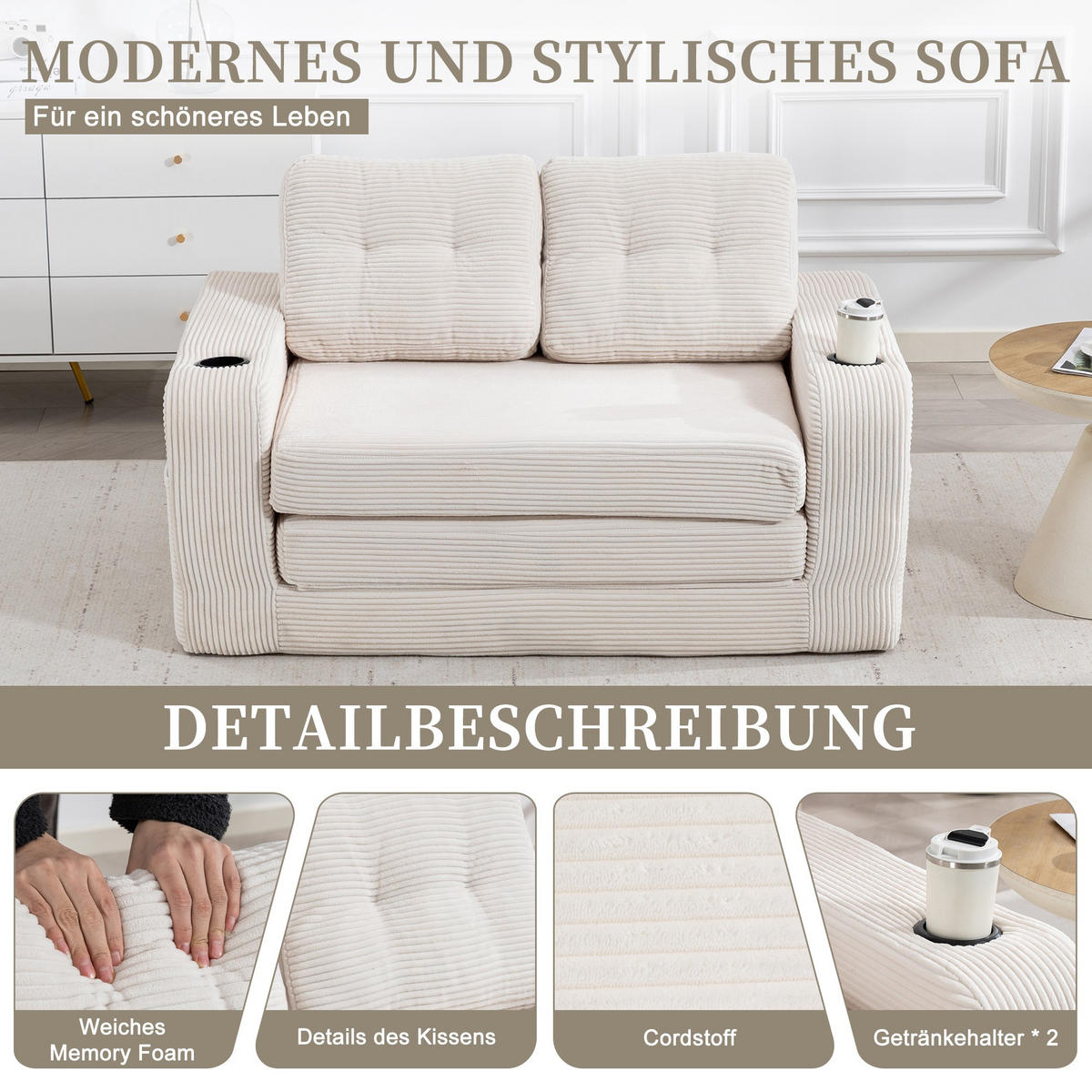 SCHLAFSOFA 2-Sitzer Sofa mit 2 Zierkissen,Lounge Sofa,Polstersofa,Cord,Beige - Beige, Textil (136/82.5/80cm) - LVHOM