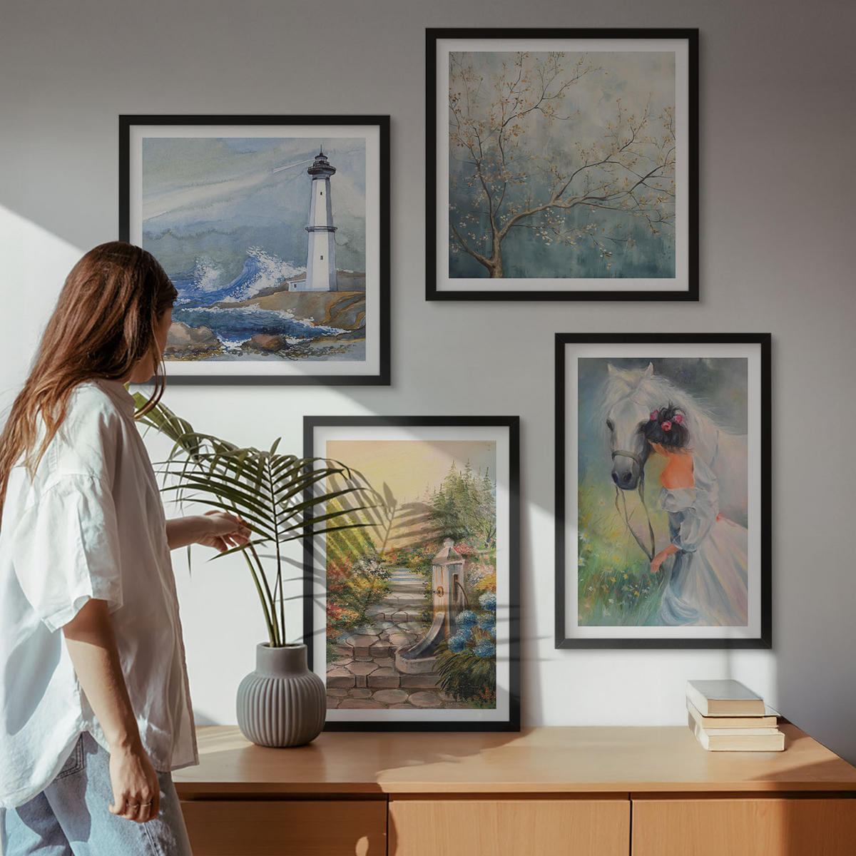 BILDER SET 4er Set - 50x50 cm & 40x60 cm Schwarzer Rahmen - Leuchtturm, Landschaft, Mädchen, Pferd - Schwarz, Kunststoff (50/50cm) - TULUP