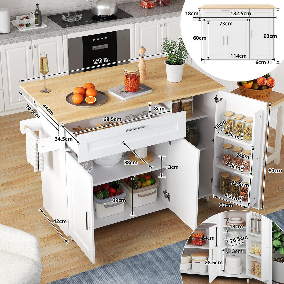 KÜCHENWAGEN klappbar 132,5 x 44(70) x 90 cm Weiß/Natur MDF - Weiß, Holz (44/90/132.5cm) - Beauniv