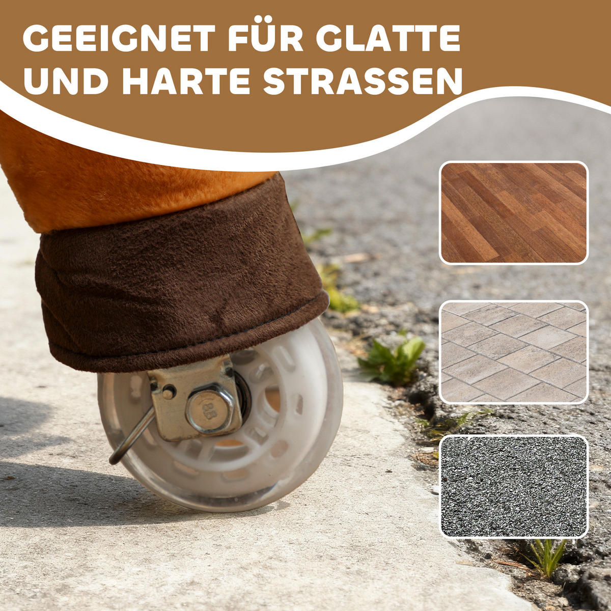 REITPFERD Spielpferd zum Reiten mit Sattel Rollen 75 cm Stehpferd Plüschpferd - Dunkelbraun, Textil (30/75/70cm) - AIYAPLAY