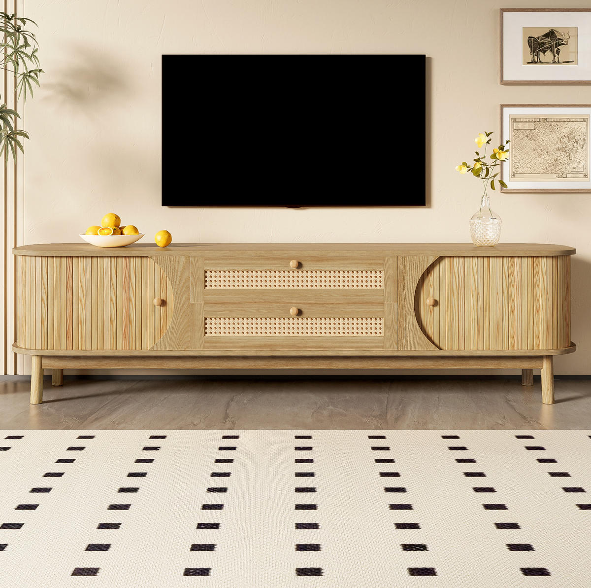 TV-LOWBOARD aus Massivholz und Spanplatte 170x39,5x46 cm Natur mit Rattan, Türen und Schubladen - Eichefarben, Holzwerkstoff (170/46/39.5cm) - IVMEU