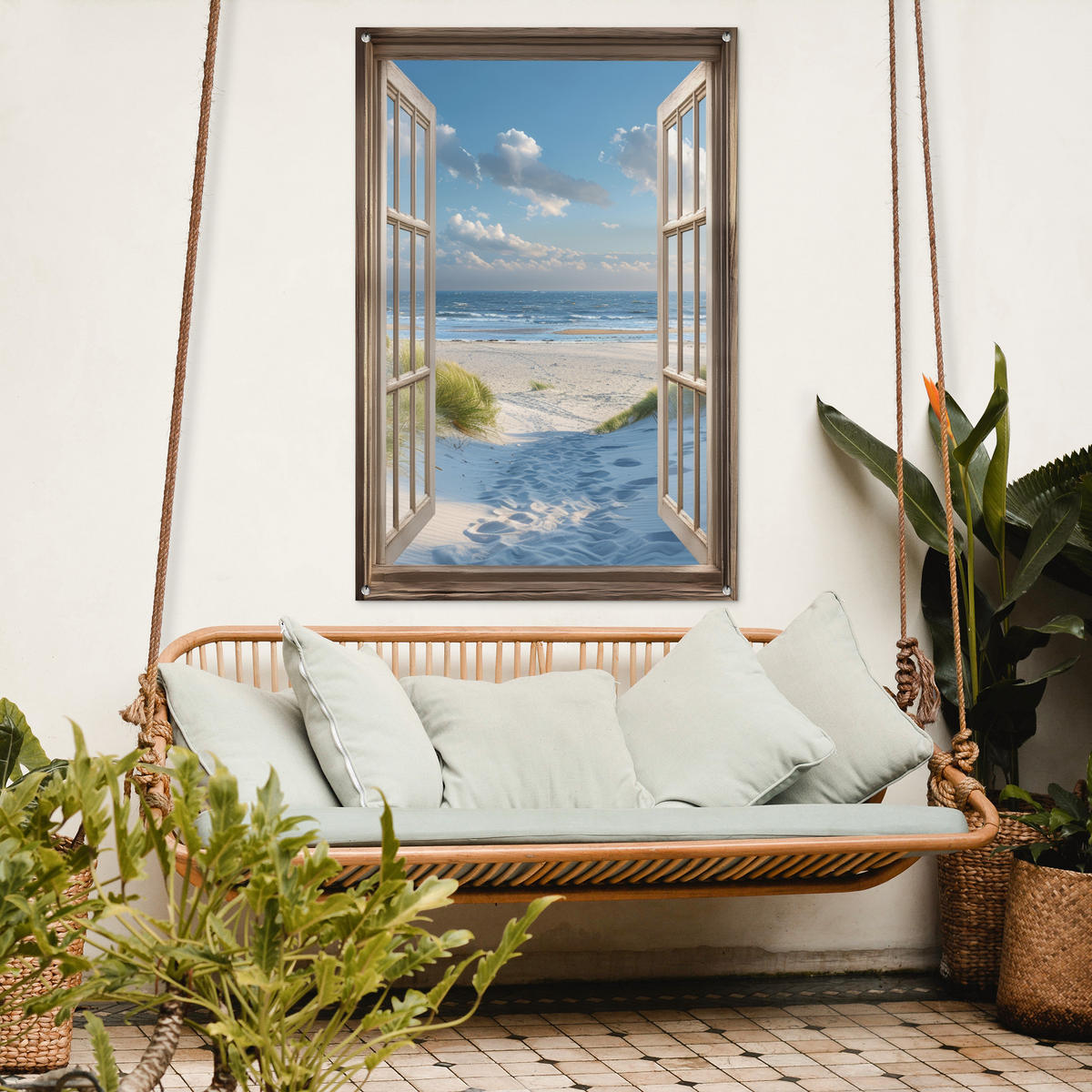 ZAHRADNÍ PLAKÁT Pohled - Pláž - Okno - Duny - Moře 80x120 cm - světle modrá, plast (80/120/0.2cm) - OnlyWow