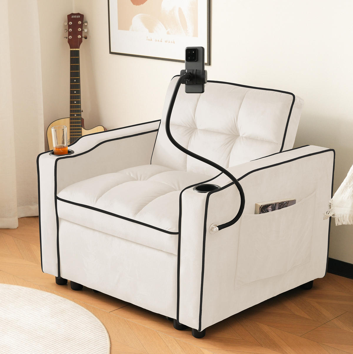SCHLAFSESSEL 3-in-1 Samt mit Getränke und Handyhalter Beige 83/167/76 cm - Beige, Textil (83/76/167cm) - Redom