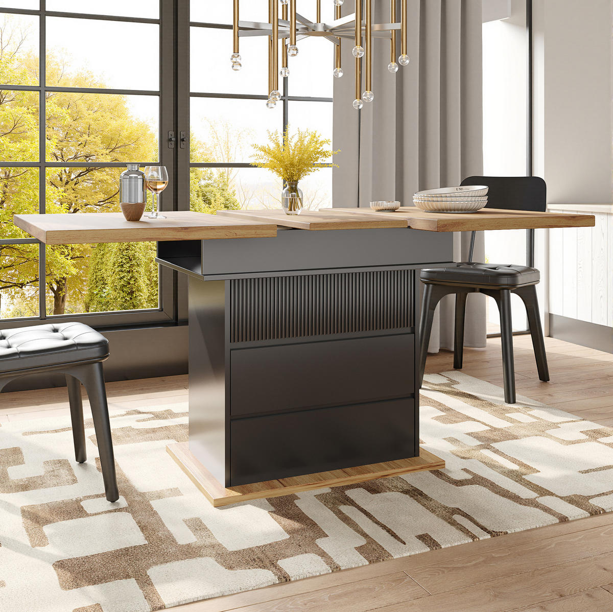 ESSTISCH aus MDF 110-140x80x75 cm Schwarz/Natur ausziehbar mit Stauraum und Soft-Close-Klappe - Schwarz, Holzwerkstoff (110/80/75cm) - Modfu
