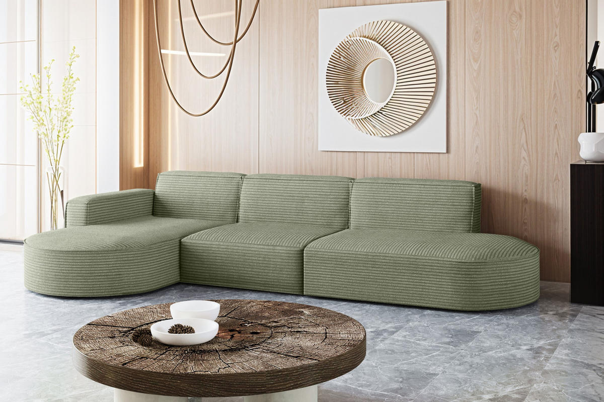 ECKSOFA Designer, Sofa L form MODENA 302 cm stoff Poso Hellgrün Links - Hellgrün, Holz (302/296cm) - Kaiser Möbel