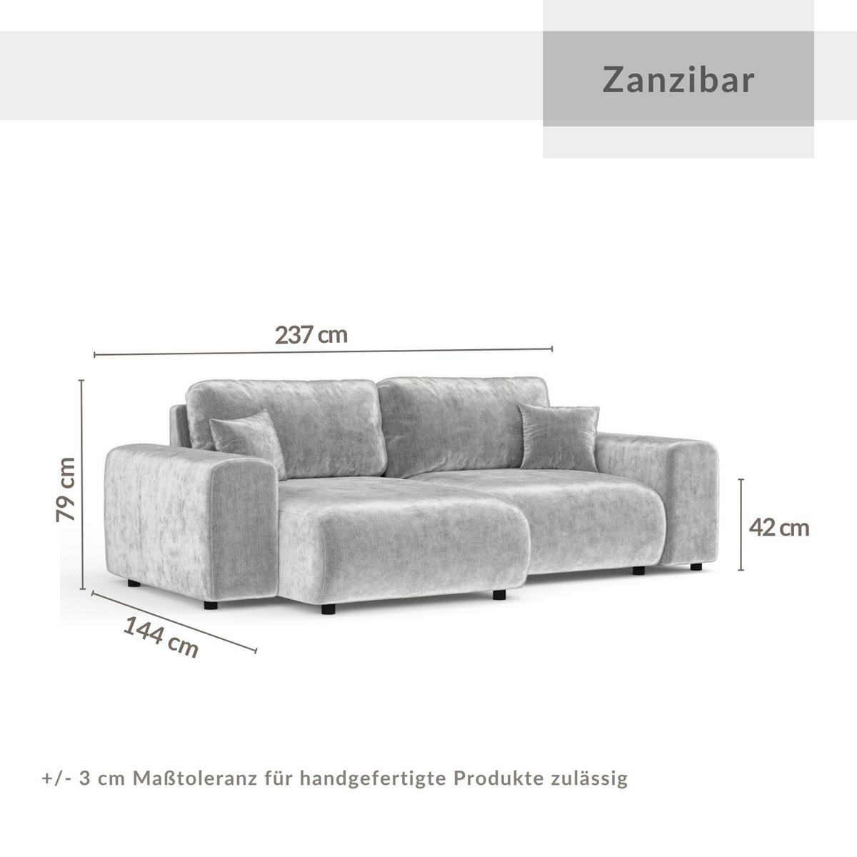 ECKSOFA Zanzibar Hellgrau Chenille - Hellgrau/Schwarz, Holz/Holzwerkstoff (237/144cm) - Maison de Reve