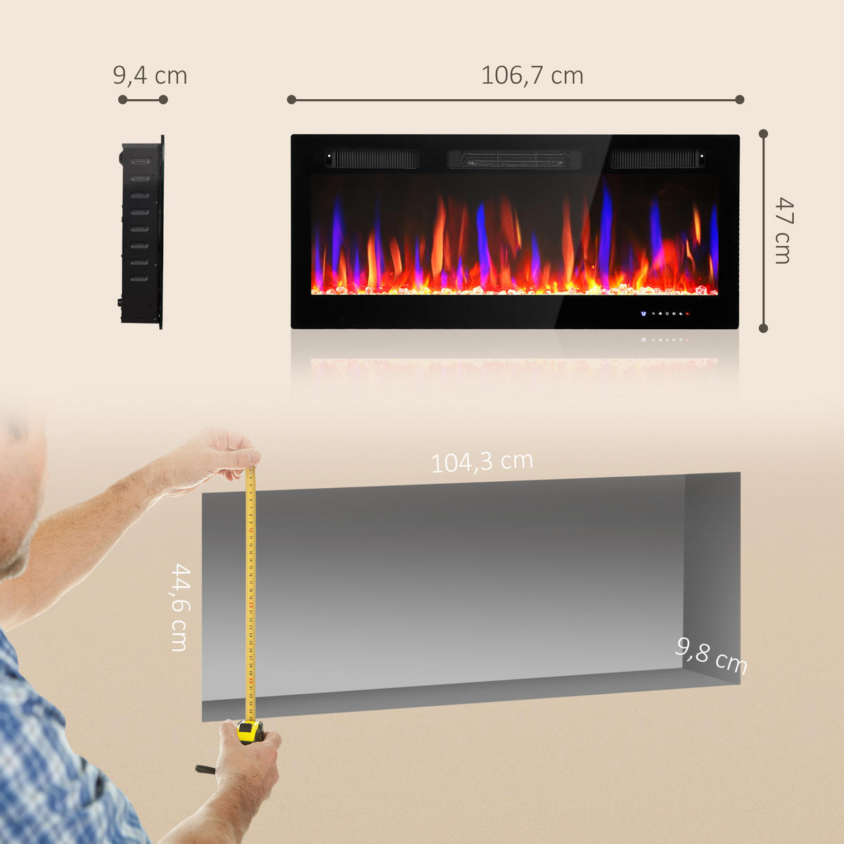 ELEKTROKAMIN mit Heizung 11 farbigen Flammeneffekten 12 Kristallfarben - Schwarz, Metall (9.4/47/106.7cm) - HOMCOM