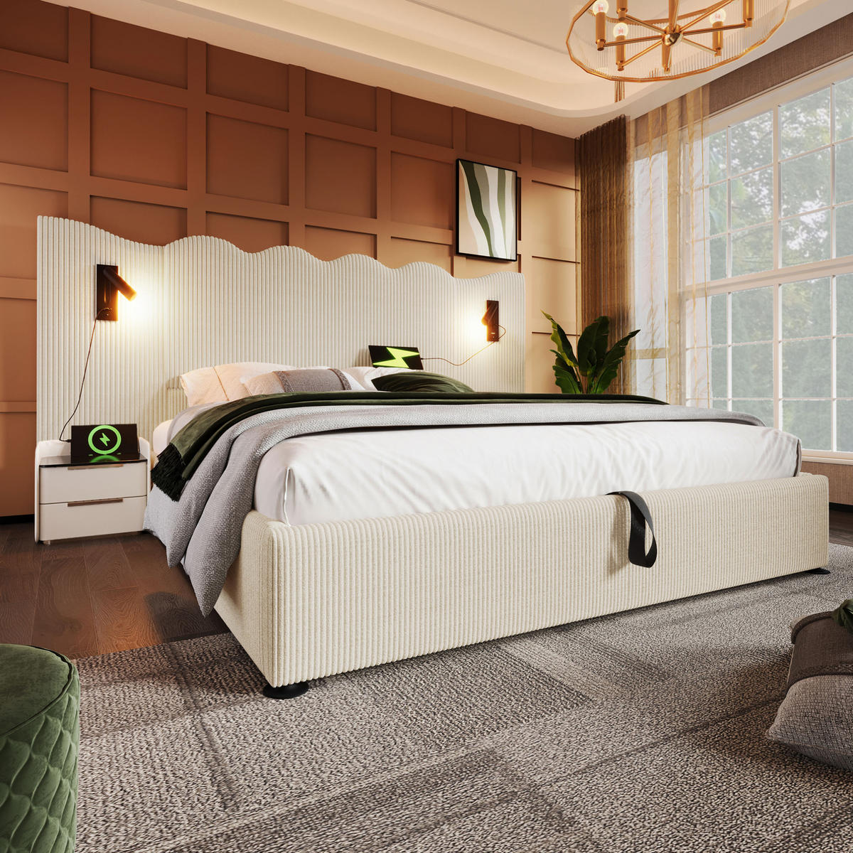 ČALÚNENÁ posteľ 180x200 cm z kordurového materiálu béžovo-biela s LED lampou, USB a úložným priestorom - béžová, textil (180/200cm) - Modfu