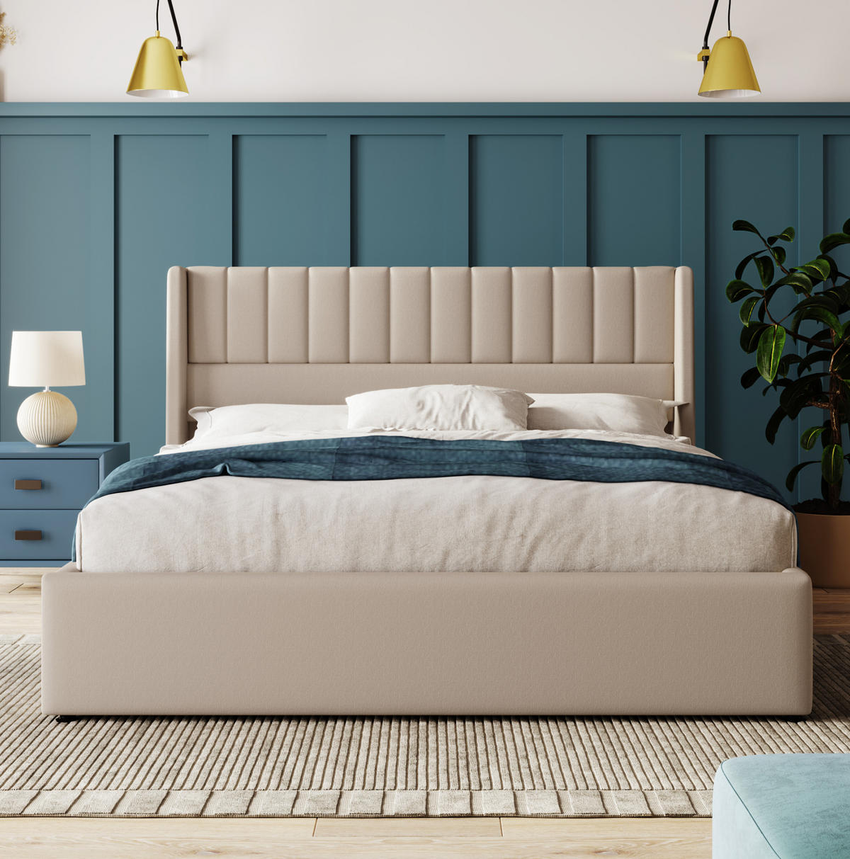 POLSTERBETT 140/200 cm Beige aus Leinen mit Bettkasten und Matratze - Beige, Textil (140/200cm) - OKMYHOME