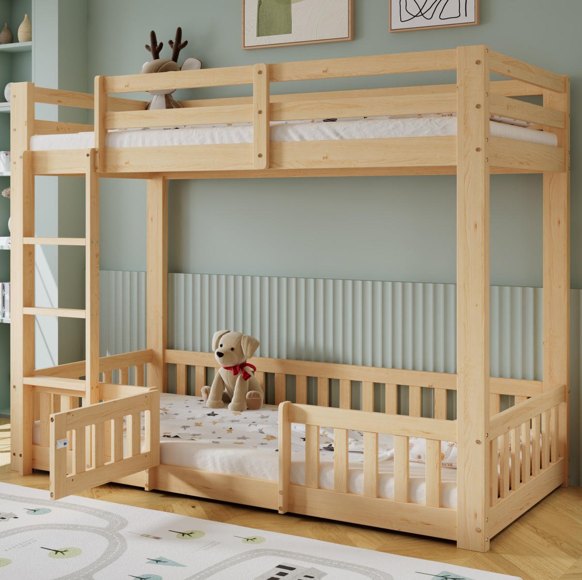 ETAGENBETT 90/200 cm natur aus Kiefer mit rechtwinkliger Treppe - Naturfarben, Holz (90/200cm) - OKWISH