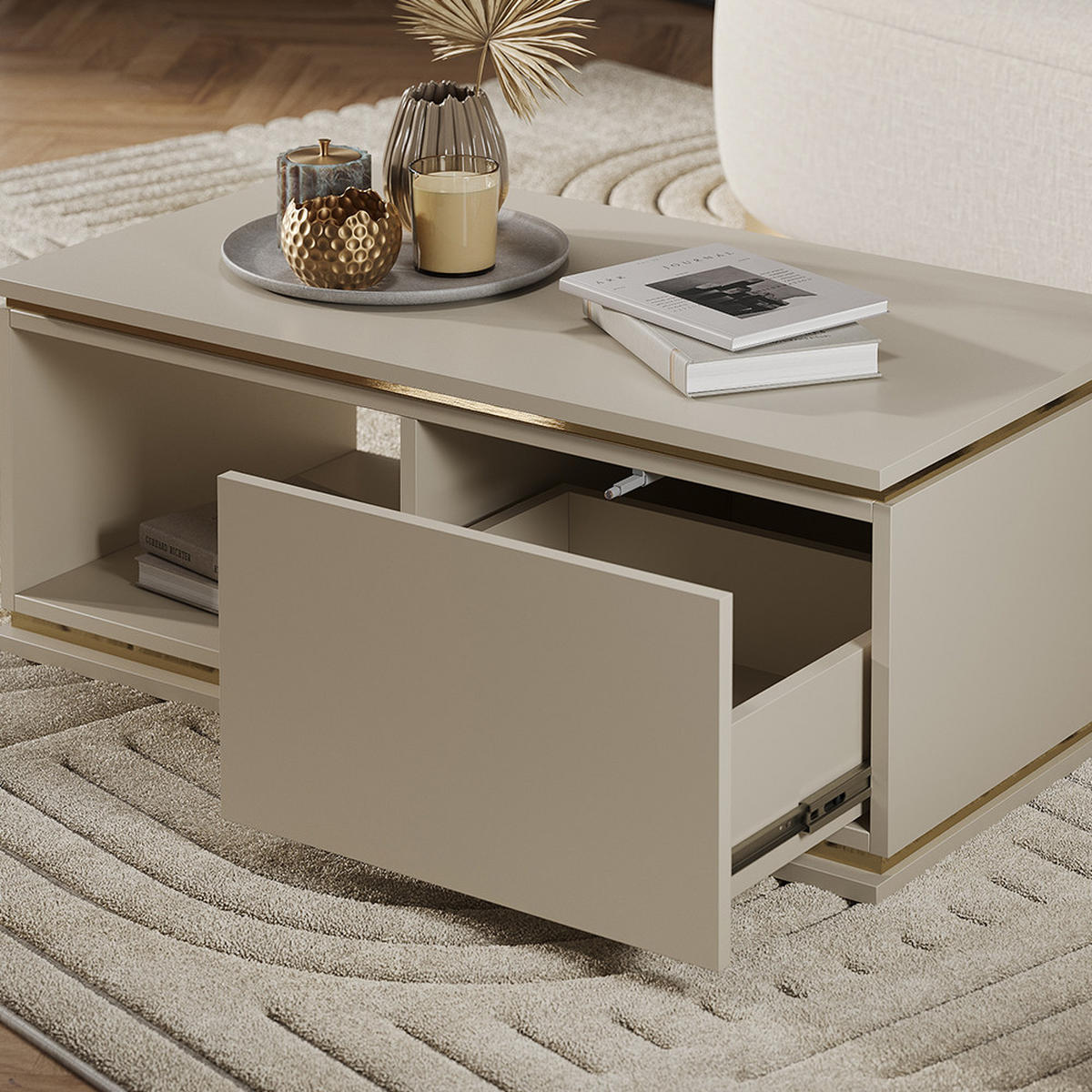 COUCHTISCH Linette Cashmere 90 x 50 cm mit Schublade - Kaschmir/Goldfarben, Holzwerkstoff (50/90/34cm) - Vicco