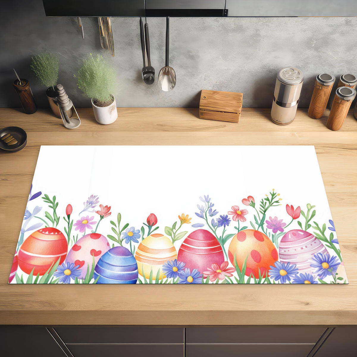 HERDABDECKPLATTE Blumengarten - Bunt - Eier Ceranfeldabdeckung 90x52 cm - Weiß, Kunststoff (90/52/0.2cm) - MuchoWow