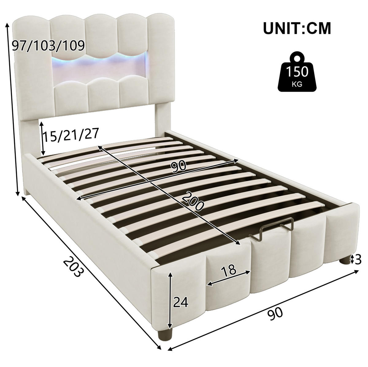 SAMT-POLSTERBETT 90/200 cm mit Bettkasten, LED-Beleuchtung & verstellbarem Kopfteil - Beige, Textil (90/200cm) - BEAOK