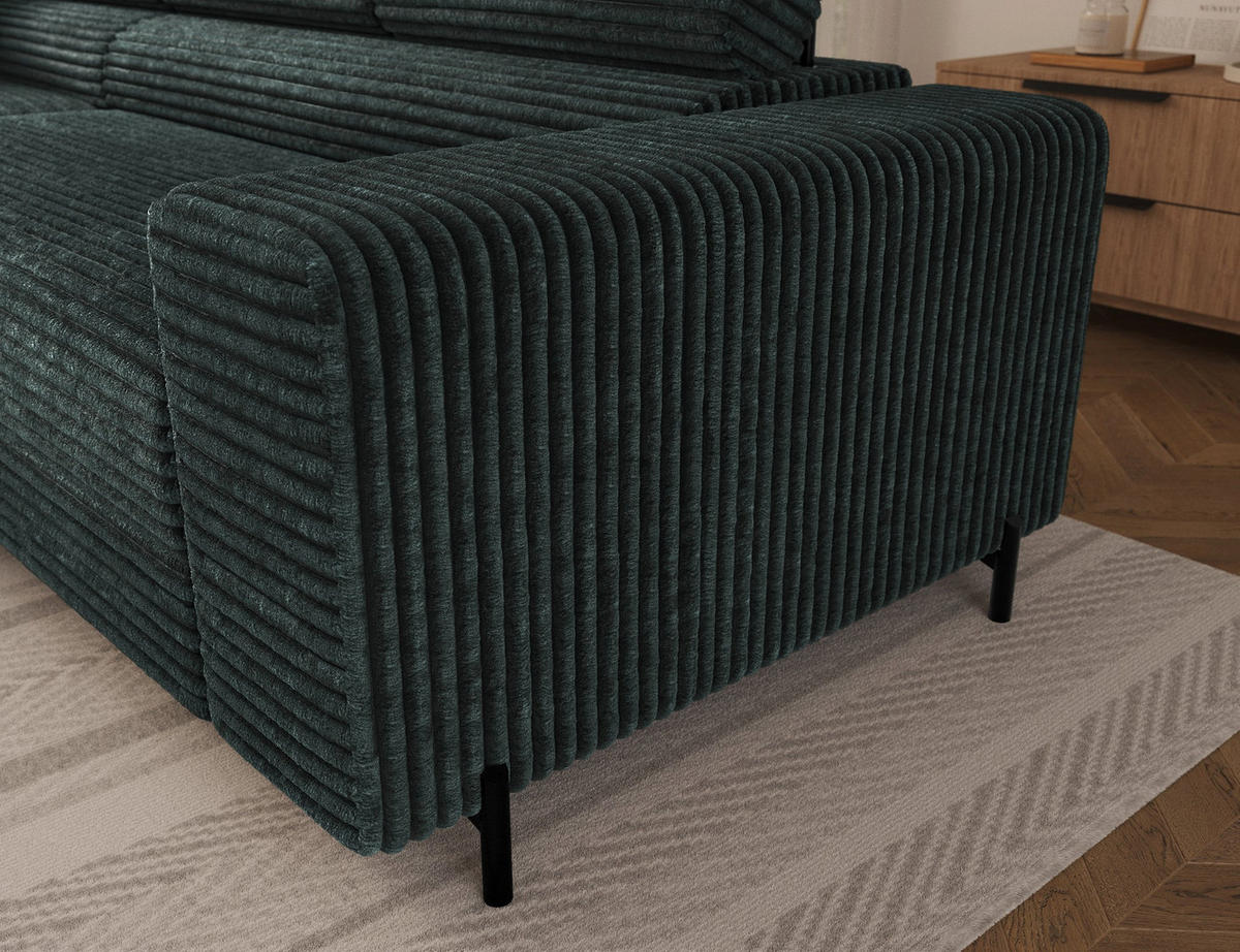 ECKSOFA COLESIO L-Form, Schlaffunktion, Bettkasten, verstellbare Kopfstützen, Wellenfederung, Metallfüße, breiter Cordstoff - Dunkelgrün/Schwarz, Kunststoff/Metall (269/204cm) - Wohnideebilder