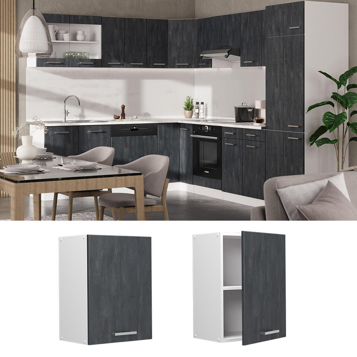 HÄNGESCHRANK R-Line Schwarz Beton 45 cm - Schwarz/Weiß, Holzwerkstoff (45/60/31cm) - Vicco