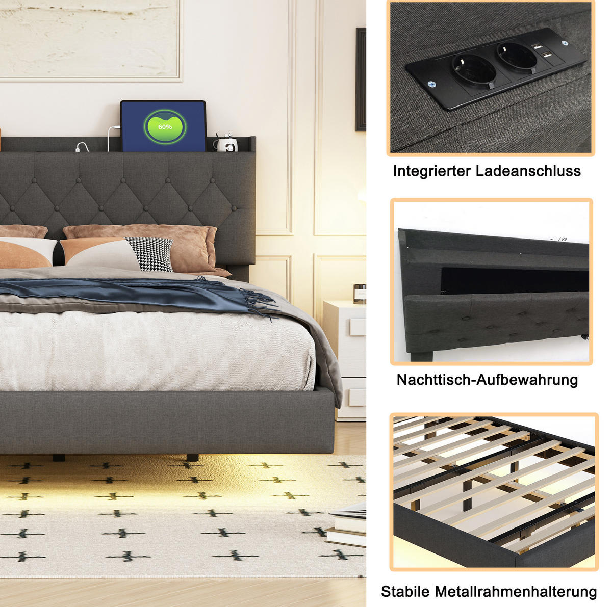 ČALÚNENÁ posteľ z látky a kovu 160x200 cm sivá s LED osvetlením, USB portom a úložným priestorom - sivá, textil (160/200cm) - Modfu