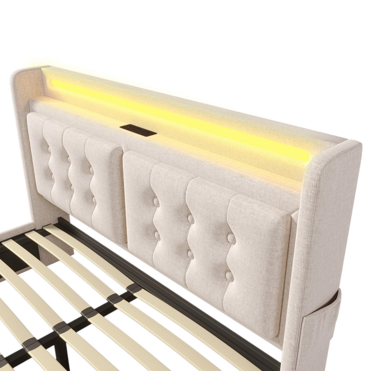 TAPECIRANI krevet od pamučno-lanene tkanine 180x200 cm bež s LED rasvjetom, USB/Type-C priključcima i 4 ladice - bež, tekstil (180/200cm) - Modfu