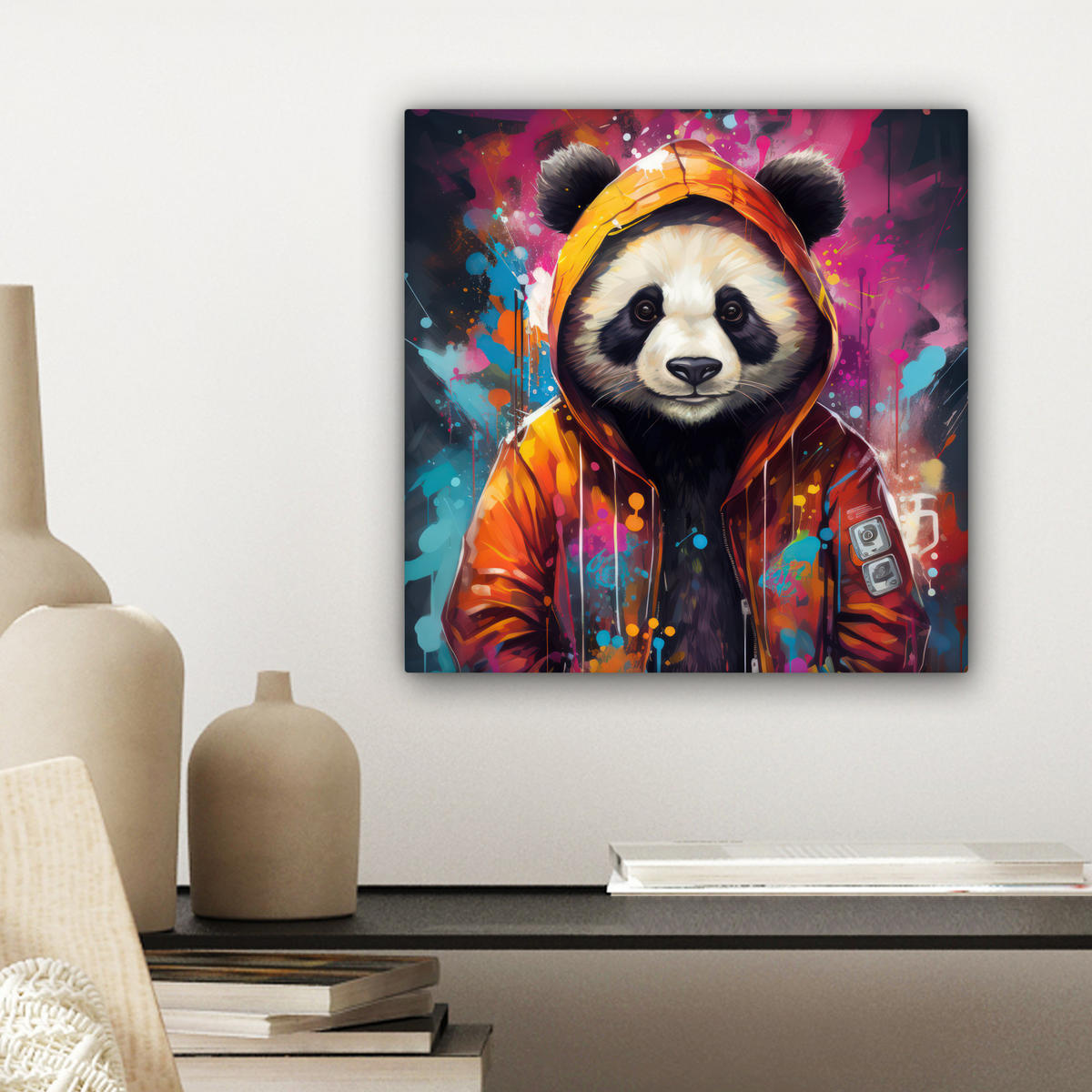 LEINWANDBILD Panda - Jacke - Graffiti - Orange 20x20 cm - Orange, Textil (20/20cm) - MuchoWow