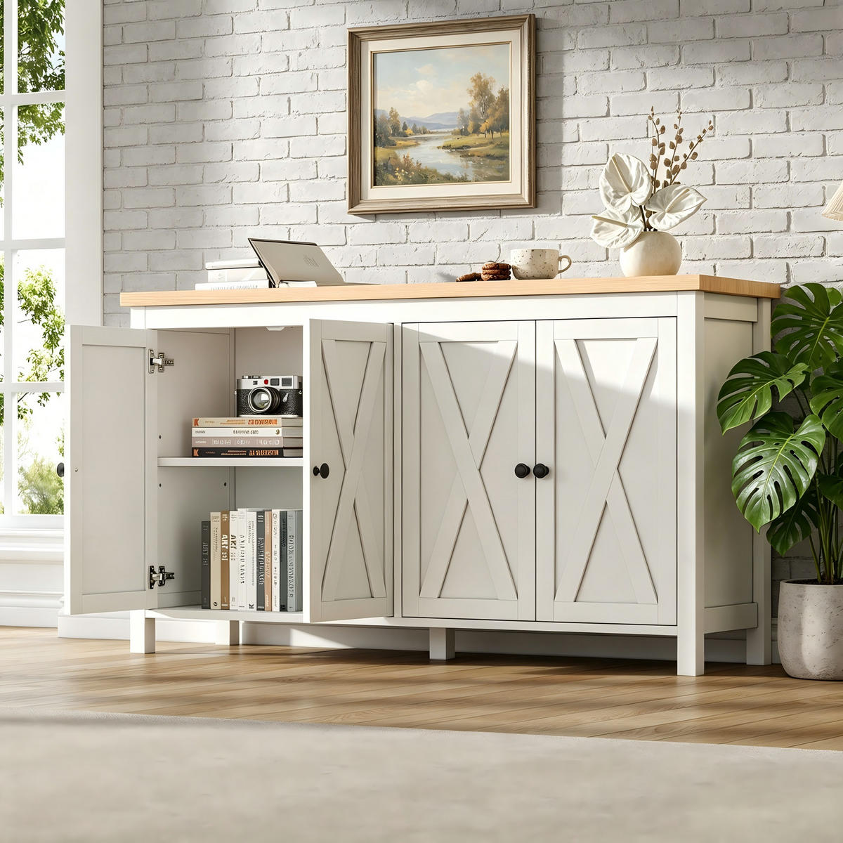 SIDEBOARD mit 4 Türen, 2 Fächern und Rundgriffen aus MDF in Weiß - Weiß, Glas/Holz (140/78/40cm) - EVRYAE