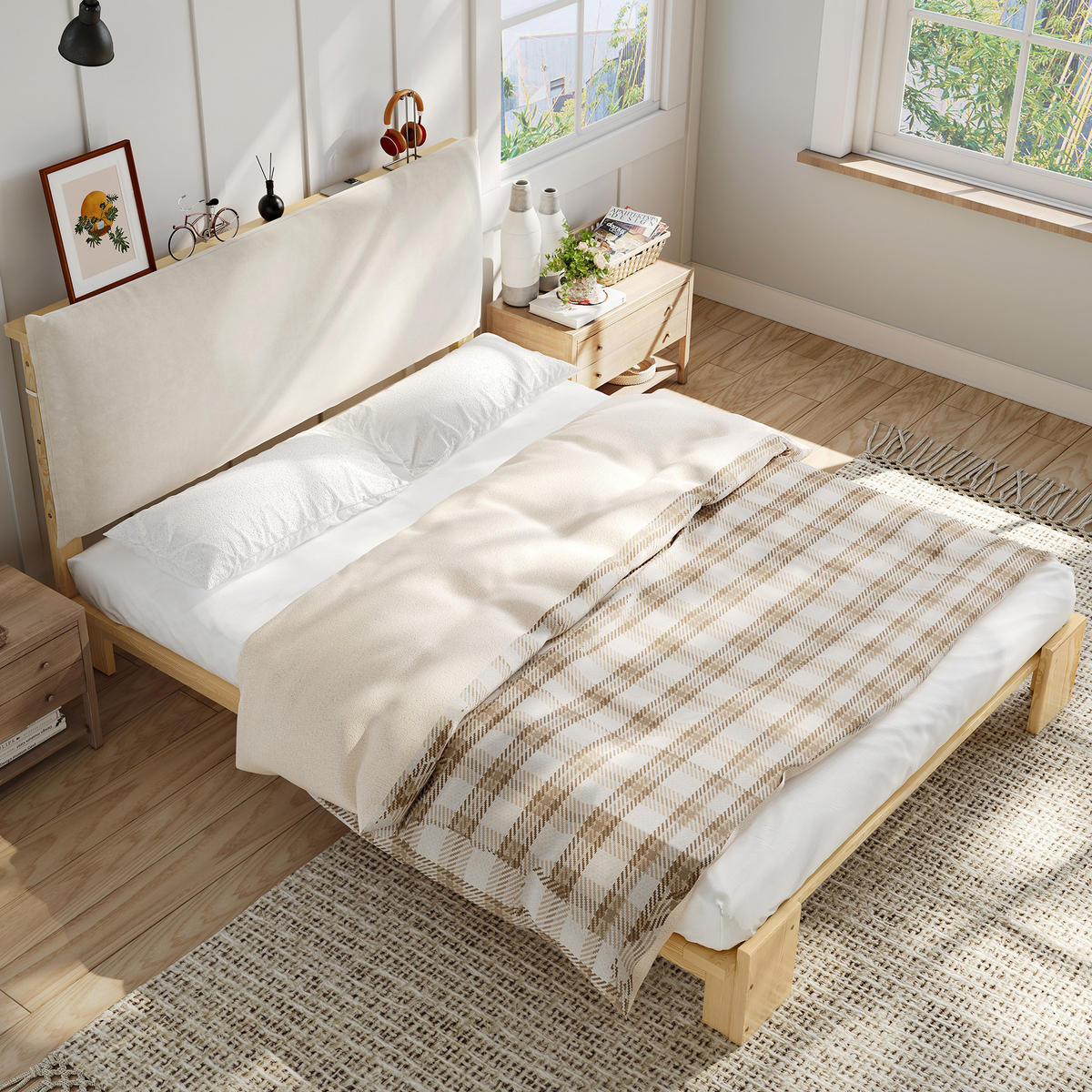 POLSTERBETT 140/200 cm natur aus Holz mit gepolsterter Rückenlehne - Naturfarben, Textil (140/200cm) - OKWISH