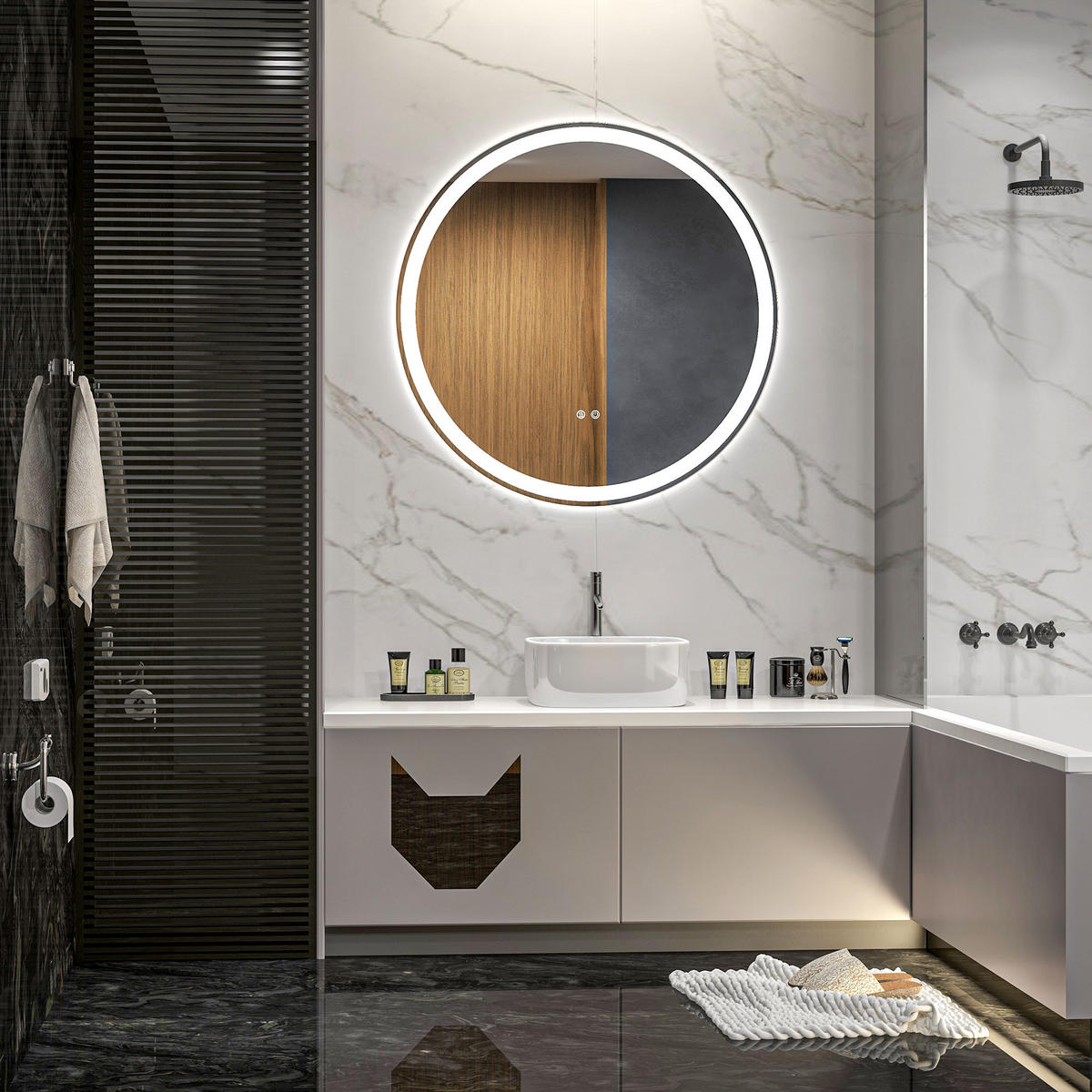 BADEZIMMERSPIEGEL DE-15129 mit 3 LED-Farben und dimmbar Weiß/Silber - Silberfarben, Metall (80/3.3/80cm) - ComfortXL