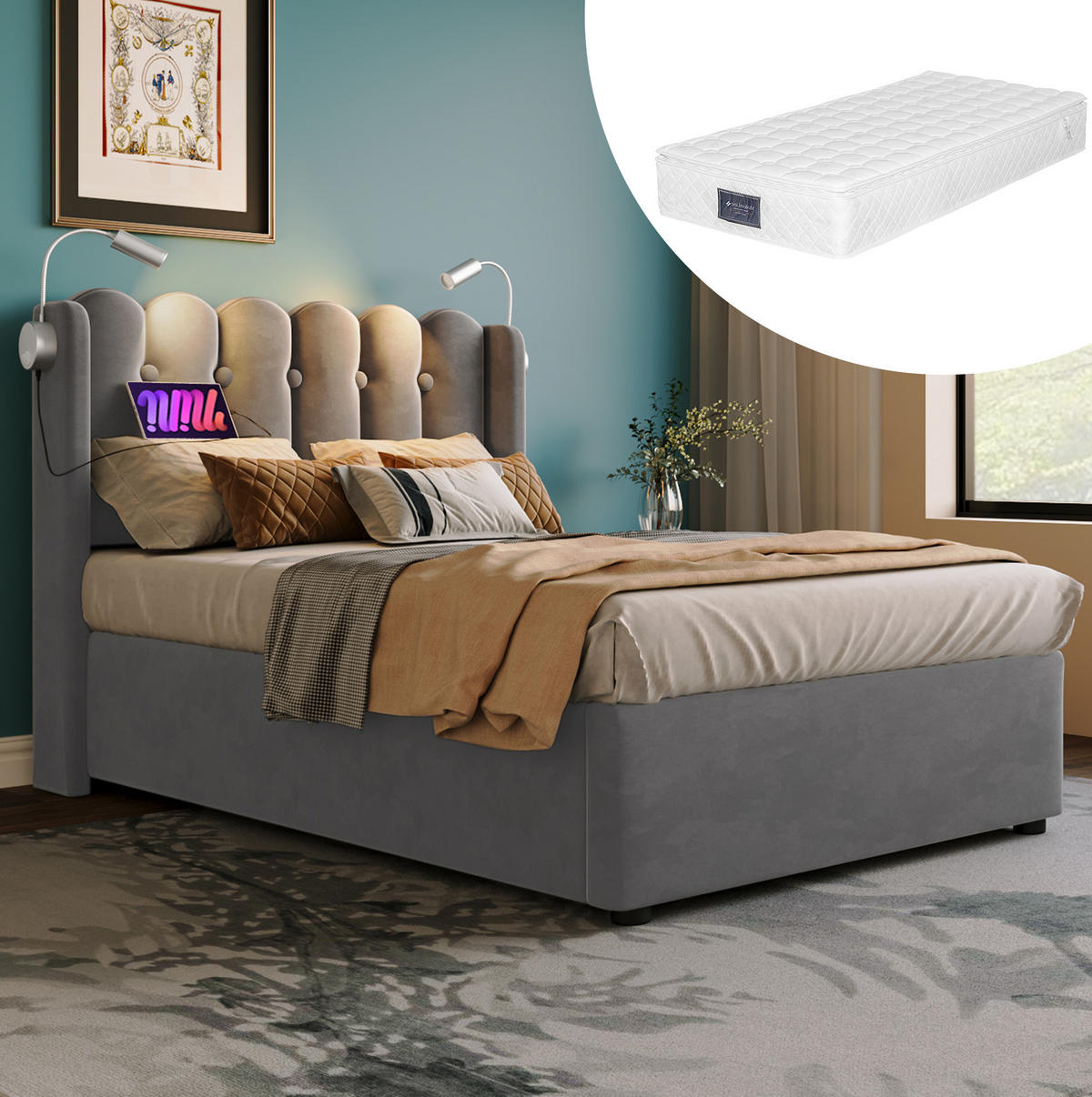 POLSTERBETT 90/200 cm Grau aus Samt mit USB und Leselicht - Grau, Textil (90/200cm) - OKMYHOME