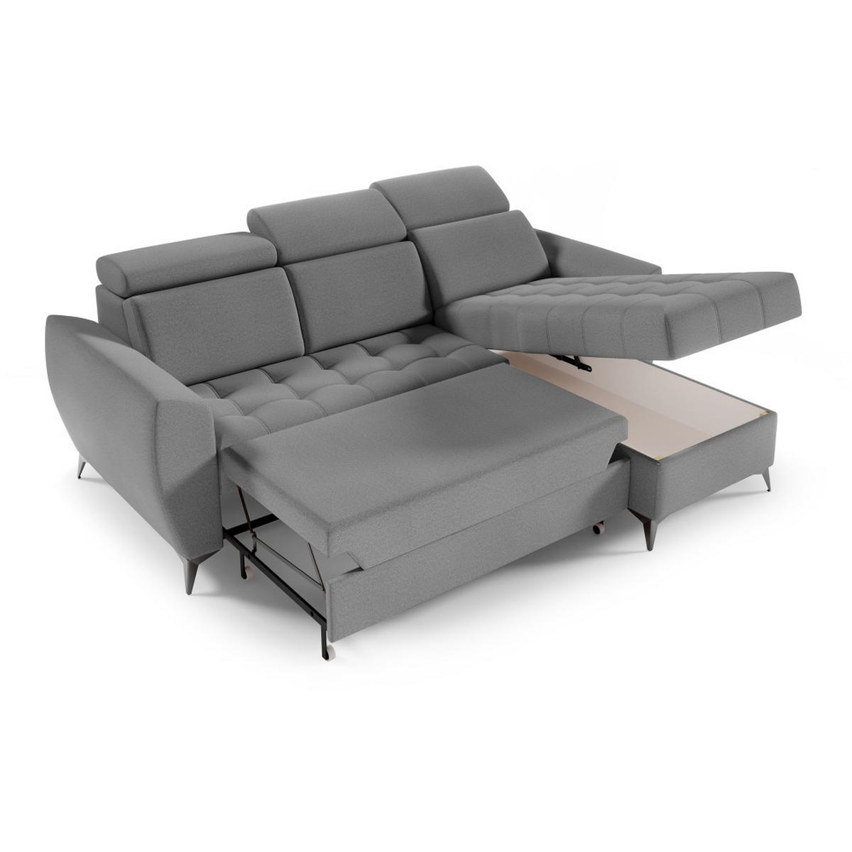 ECKSCHLAFSOFA Aurora I verstellbare Kopfstützen, Grau - Schwarz/Grau, Textil (235/176cm) - Beautysofa