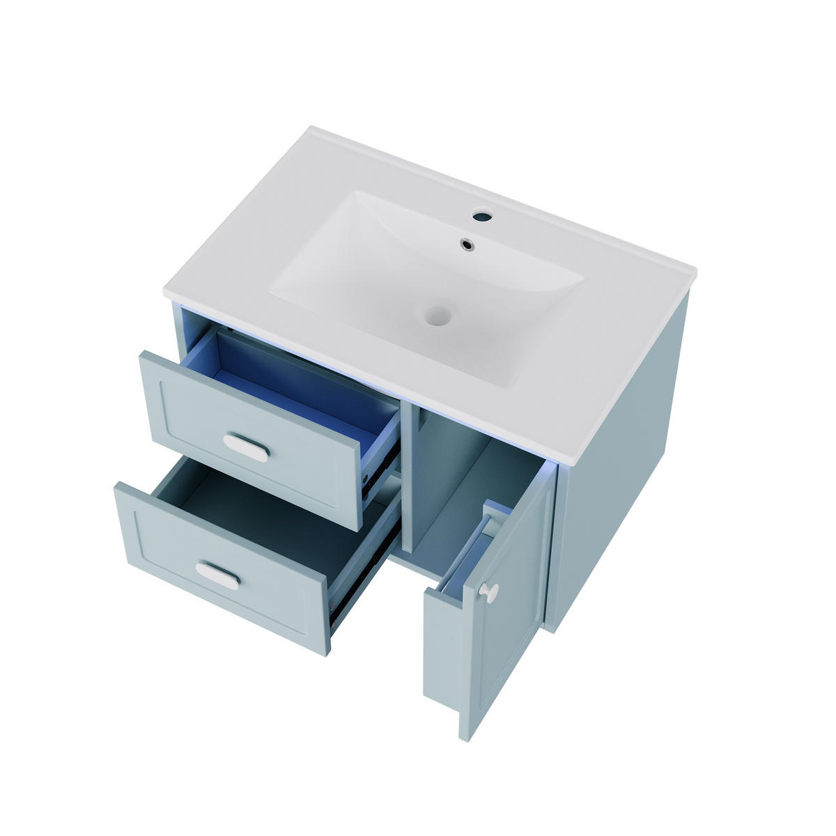 BADEZIMMER-HÄNGESCHRANK 76x46x51 cm Blau aus Keramik & Spanplatte mit Radar-Sensor-LED & 2 Schubladen - Blau, Holzwerkstoff (76/51/46cm) - Modfu