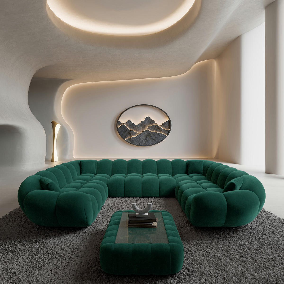 WOHNLANDSCHAFT Liva Smaragdgrün Samtstoff U-Form XXL Panorama - Smaragdgrün, Textil (316/70/258cm) - VAROYAL