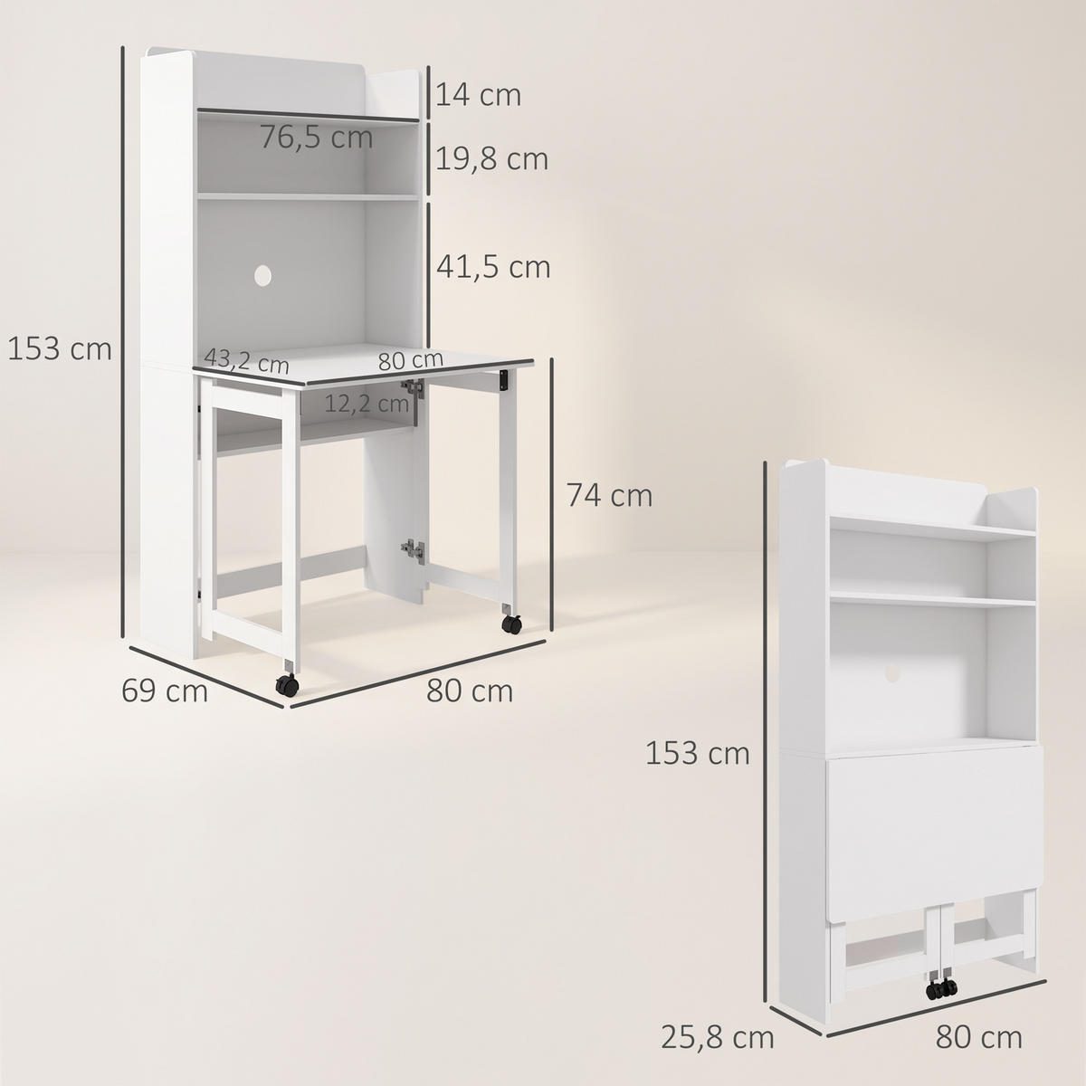 COMPUTERTISCH DE-14871 klappbare Tischplatte & Rollen Weiß - Weiß, Holzwerkstoff (69/80/155cm) - ComfortXL