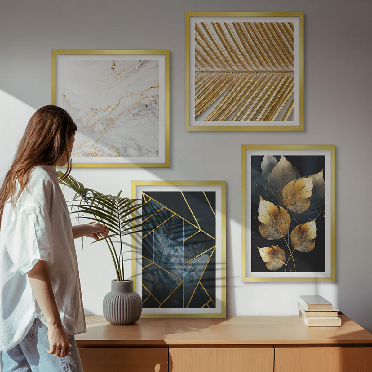 BILDER SET 4er Set - 50x50 cm & 40x60 cm Goldrahmen - Moderne Pflanzenmuster - Goldfarben, Kunststoff (50/50cm) - TULUP