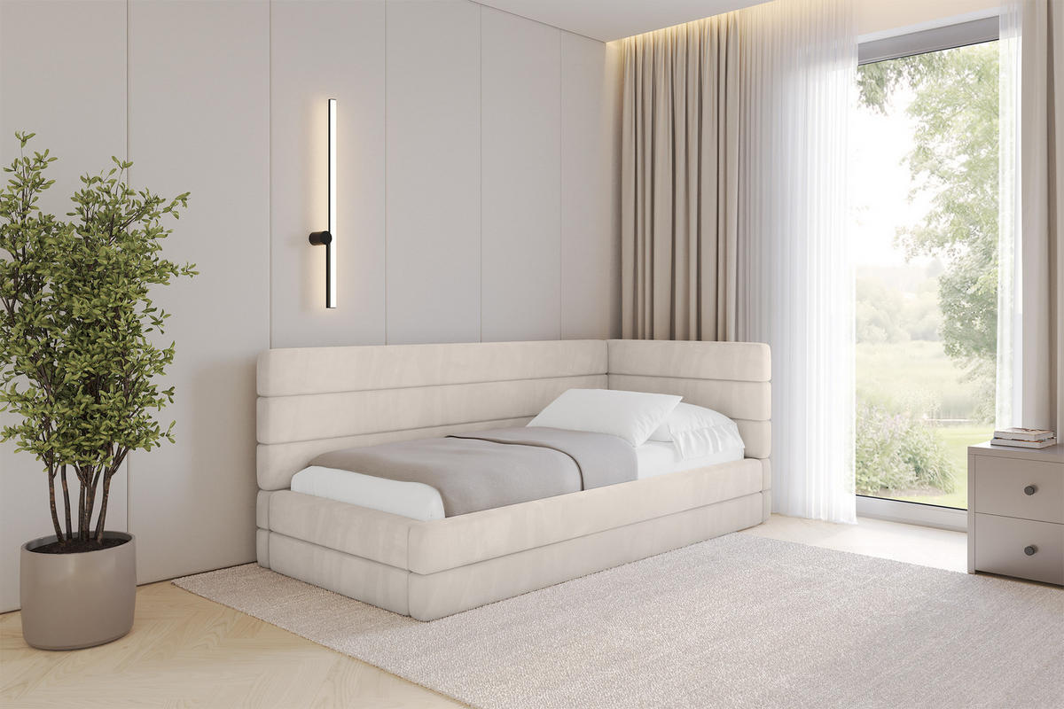 EINZELLBETT Jugendbett mit Bettkasten, Links - BEMY 90x200 Beige - Ecru, Holzwerkstoff/Textil (90/200cm) - ALTDECOR