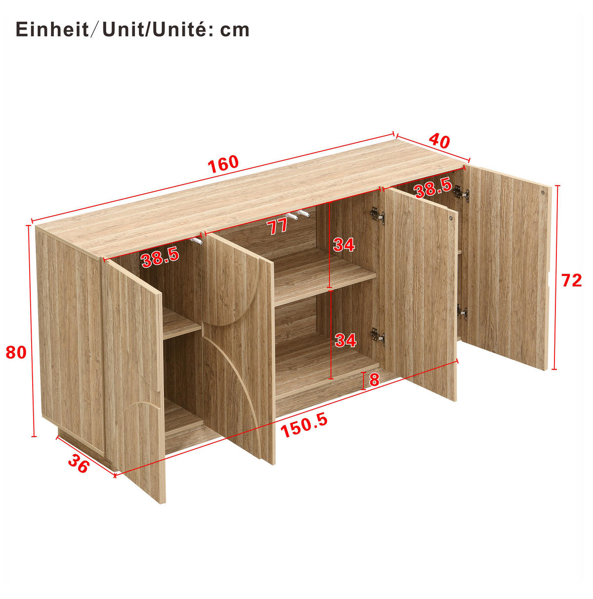 SIDEBOARD 160/40/80 cm aus Spanplatte mit geräuschlos öffnenden Türen Natur - Naturfarben, Holzwerkstoff (160/80/40cm) - Modenvie