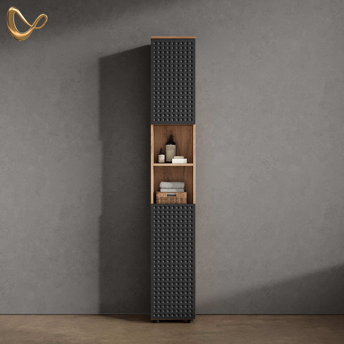 BADSCHRANK Ronco Anthrazit gepunktet 30 x 192 cm - Anthrazit/Eiche Wotan, Holzwerkstoff (30/192/30cm) - Livinity®