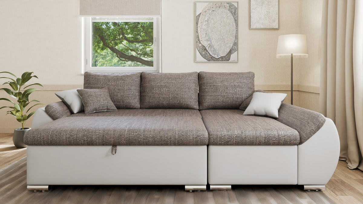ECKSCHLAFSOFA ALEX – Braun + Weiß (Lawa 02 + Soft 17) + Hocker - Rechts - Braun, Holzwerkstoff/Metall (275/155cm) - Möblo
