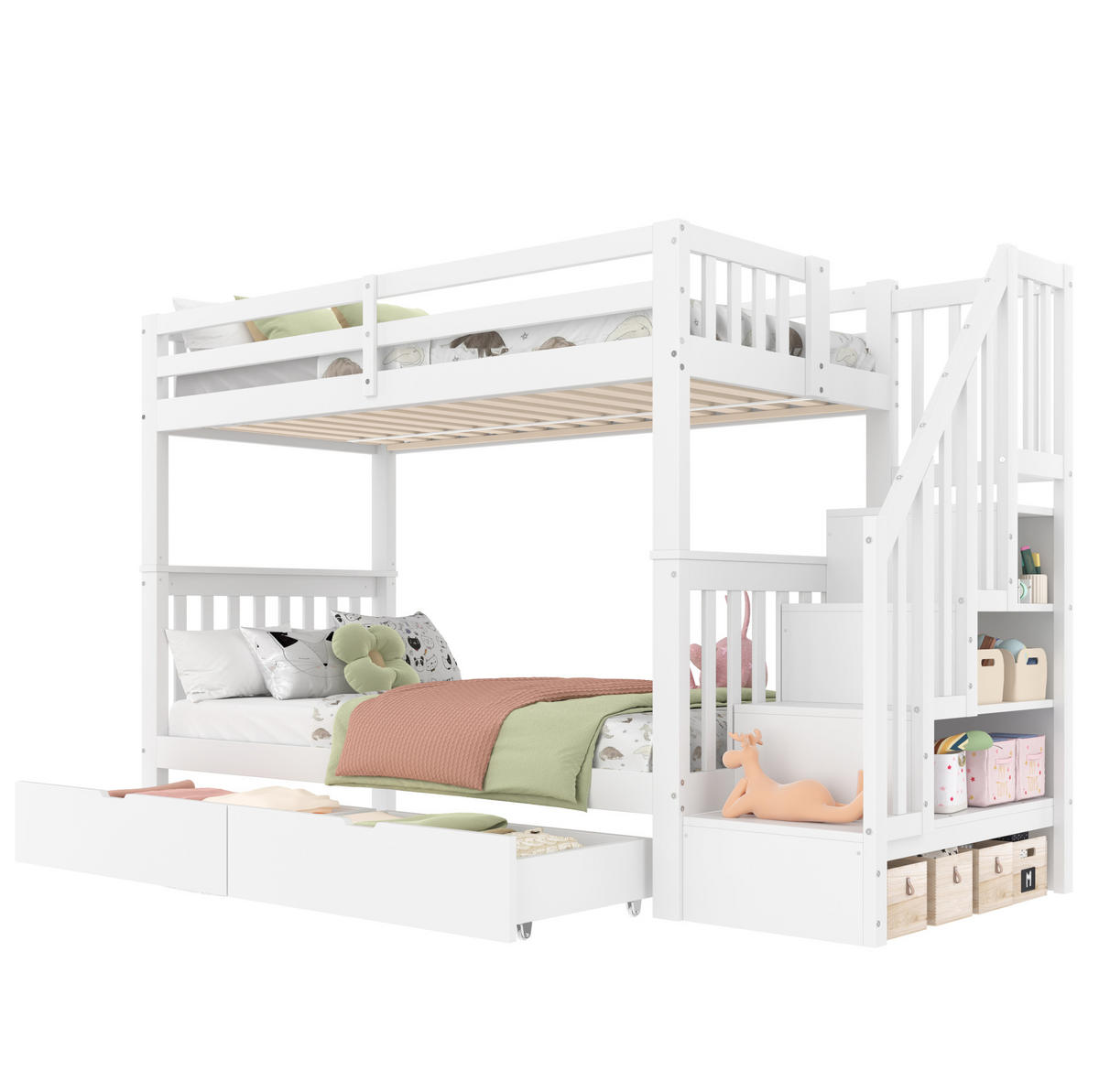 ETAGENBETT 90/200 cm in Weiß mit Treppenregal und 2 Schubladen - Weiß, Holz (90/200cm) - BEAOK
