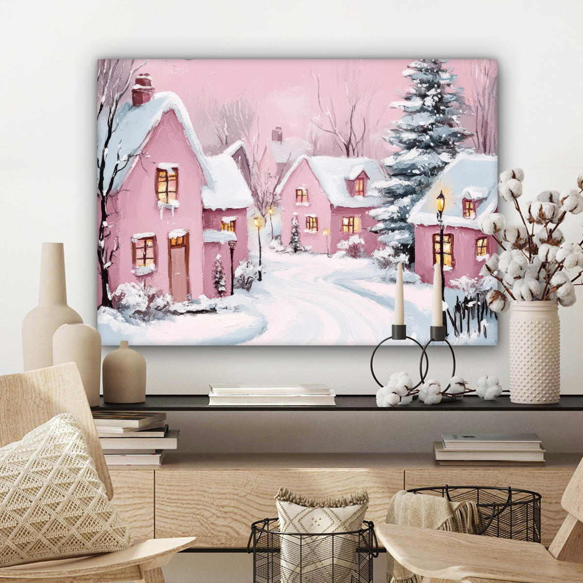 LEINWANDBILD Weihnachtsdorf - Rosa - Winter - Schnee - Häuser Wandbilder 80x60 cm - Altrosa, Textil (80/60cm) - MuchoWow