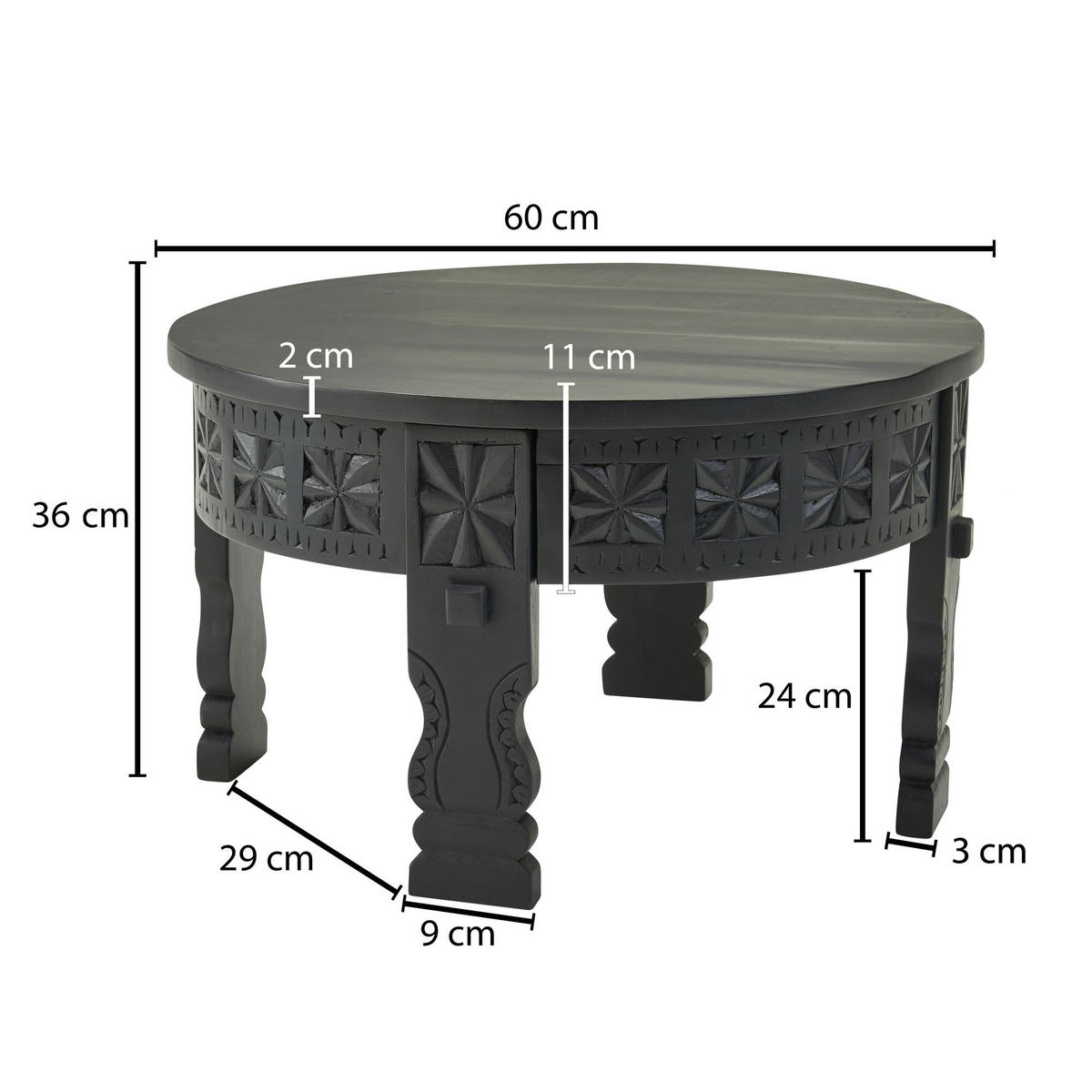 COUCHTISCH rund MICHA Mango Sofatisch - Schwarz, Holz (60/60/36cm) - tinkaro